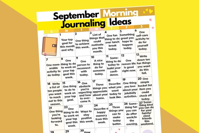 September 30-day morning journaling calendar displayed on a 2-color diagonal orange and yellow background