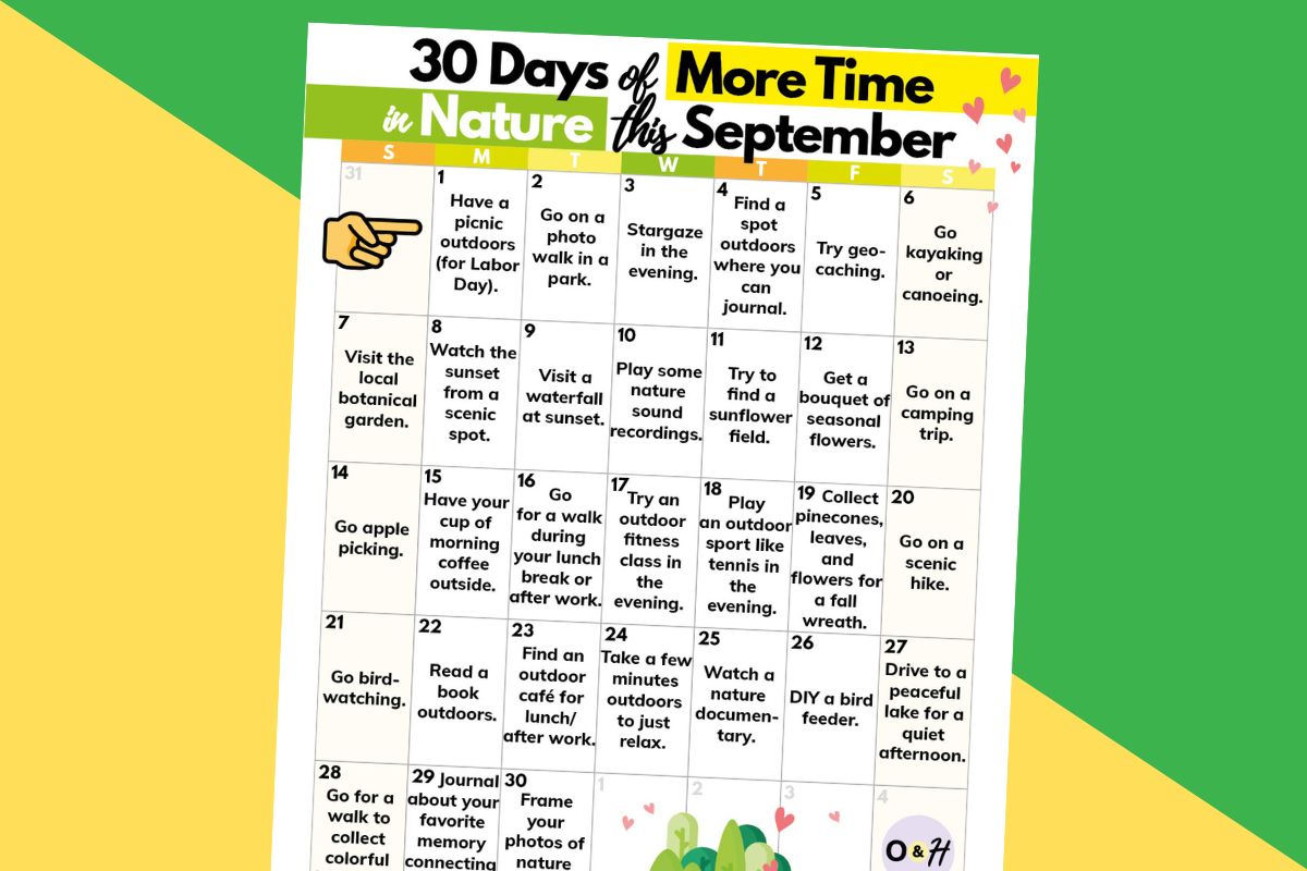 printable calendar displaying 30 ideas for spending more time in nature in september laid out over a 2-color diagonal green and yellow background