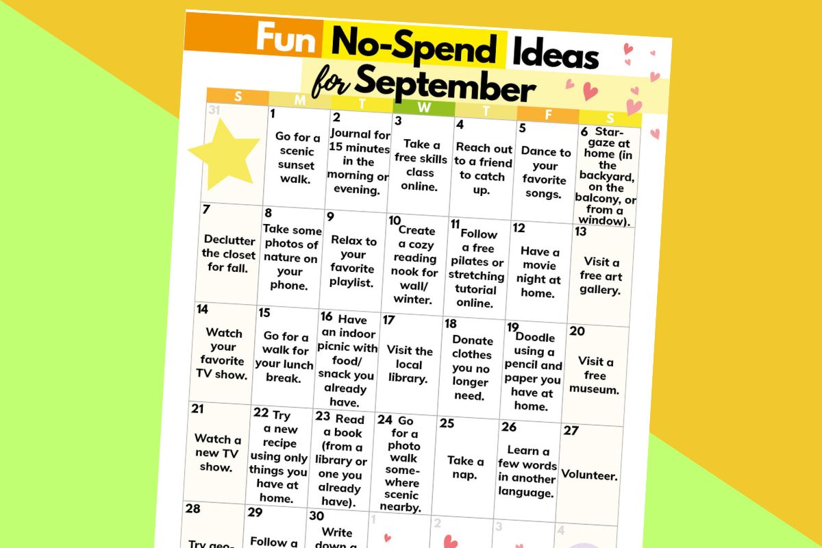 a printable calendar of fun no-spend activity ideas for the month of september on a diagonal yellow and orange background