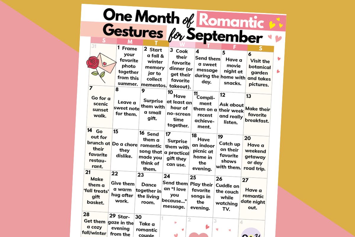 printable calendar of 30 romantic gestures for the month of september displayed on a pink and orange 2-color background