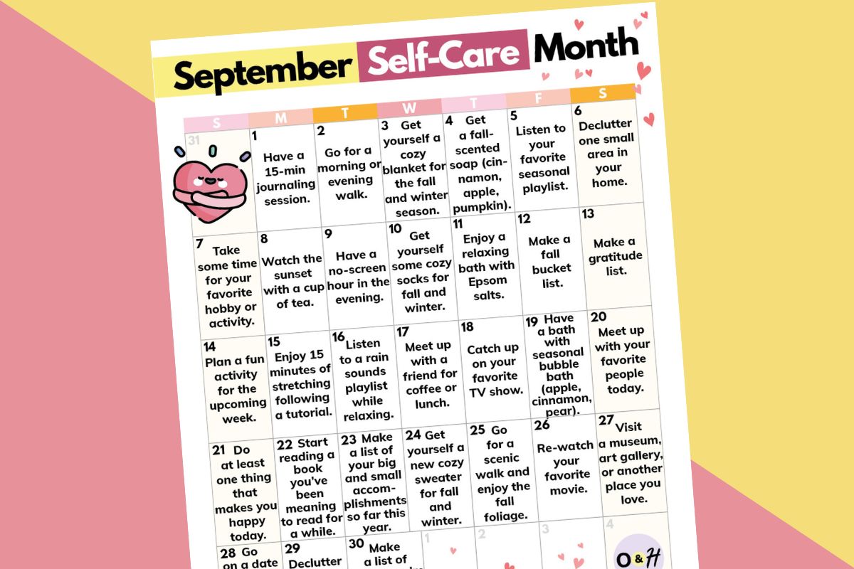 partially visible self-care calendar for the month of september displayed on a 2-color diagonal pink and orange background