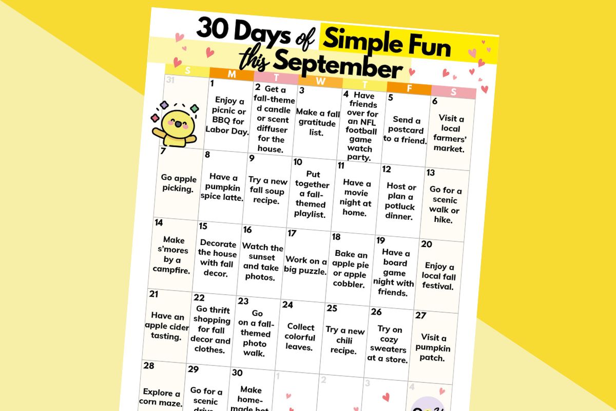 printable calendar of 30 simple fun activities to do for the month of september on a 2-color yellow diagonal backdrop