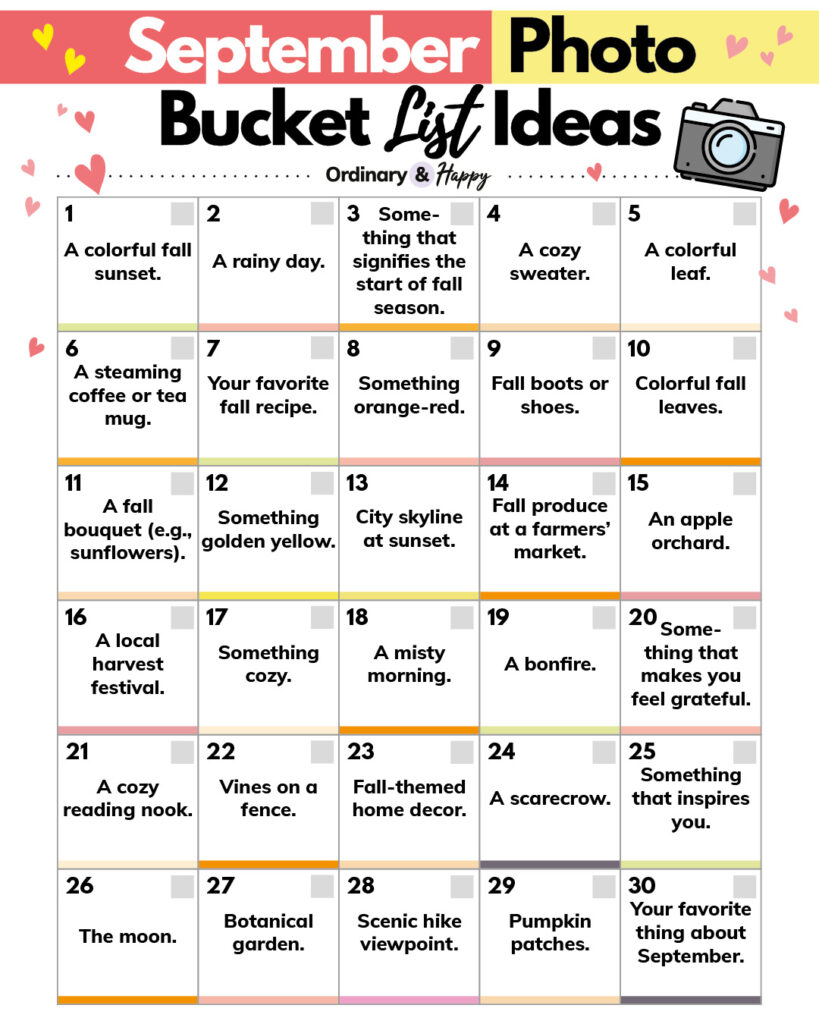 30 ideas for photos to take in september with the ideas displayed in black font on a white background in a 5x6 grid