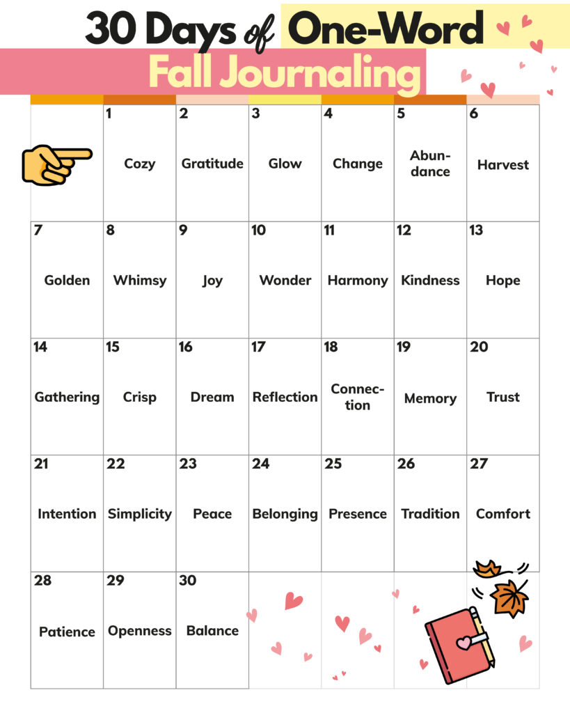 30 days of one-word fall journaling with 30 different words displayed in a 30-day calendar format