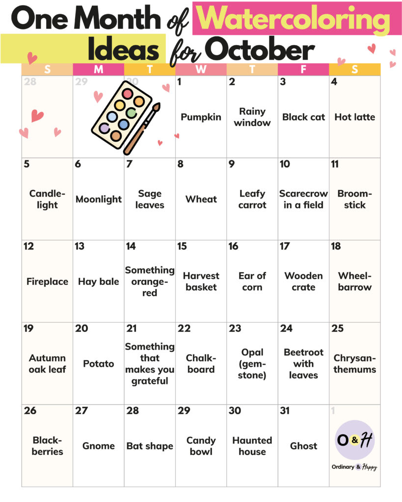 october calendar displaying 31 watercoloring ideas for the 31 days of the month, displayed in a 7x6 grid format with color-coded days of the week