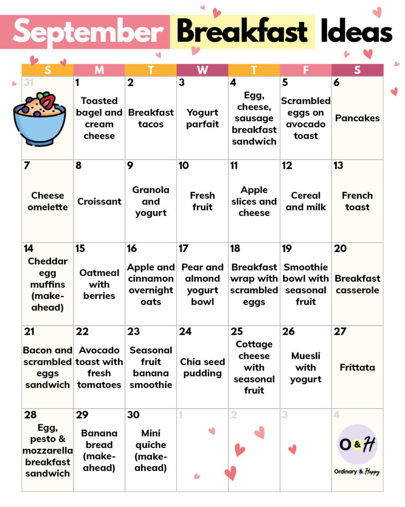 september calendar displaying 30 breakfast ideas in a 7x6 grid format with color-coded days of the week