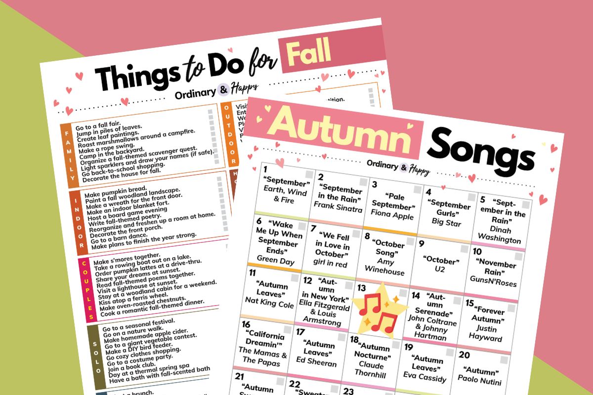fall bucket list printable and autumn songs 5x6 grid calendar printable displayed on an orange and pink 2-color background