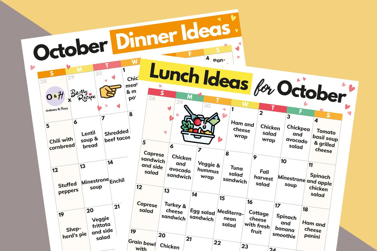 two calendars displaying text of dinner ideas and lunch ideas for october, laid out one on top of the other on an orange and pink 2-color background