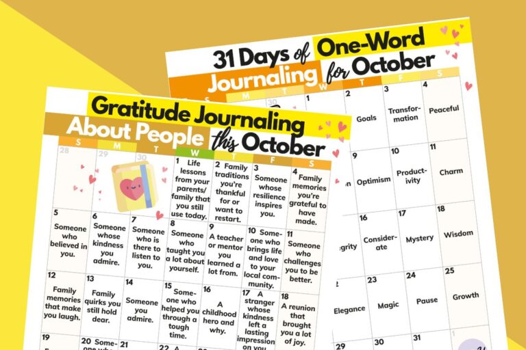 an october gratitude journaling calendar and october one-word journaling calendar laid out on a 2-color yellow and orange background with one calendar overlapping the other