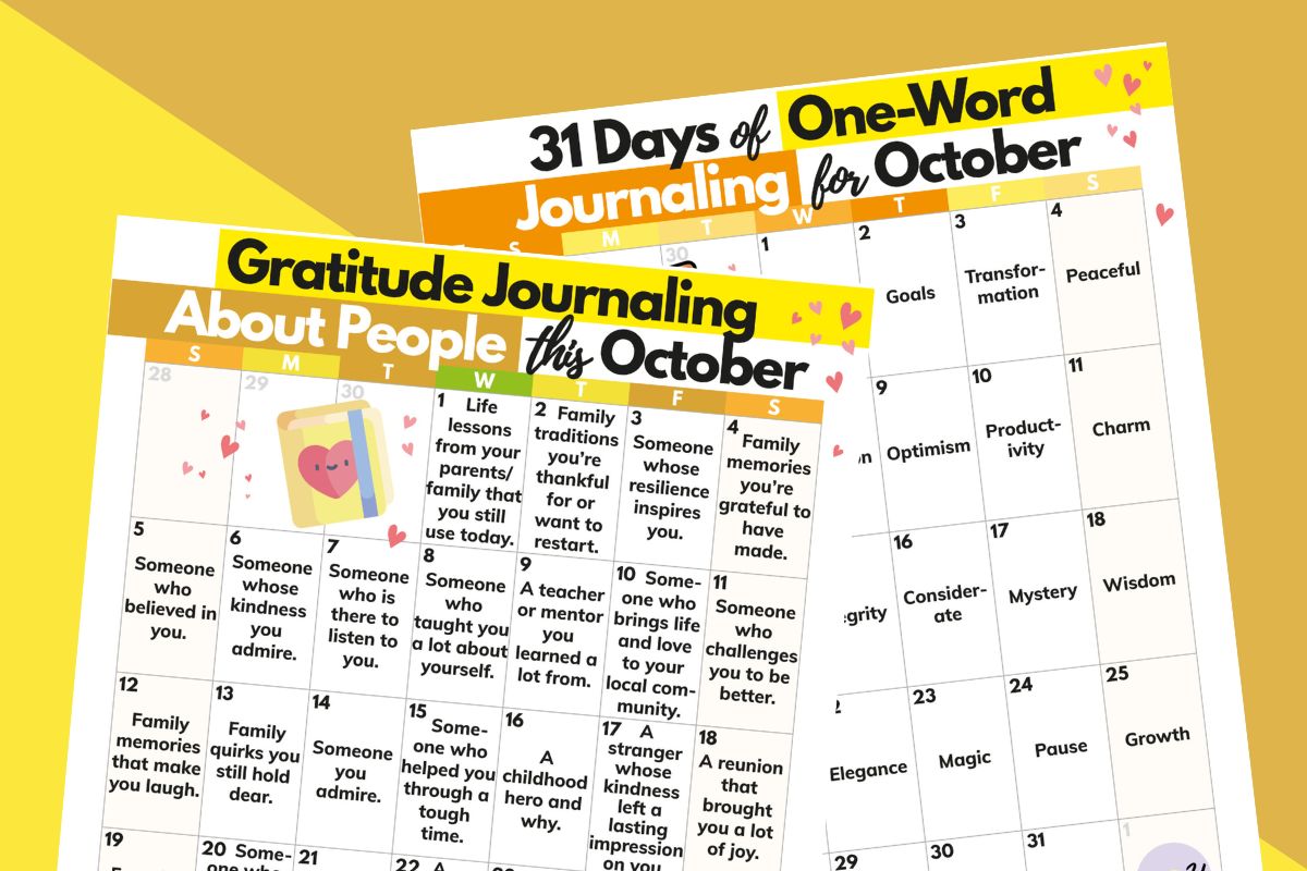an october gratitude journaling calendar and october one-word journaling calendar laid out on a 2-color yellow and orange background with one calendar overlapping the other