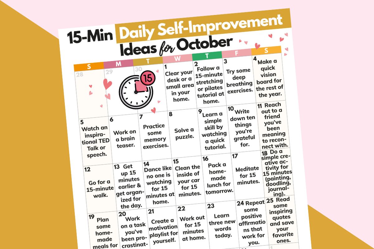 an october calendar of 15-minute daily self-improvement ideas laid out on an orange and pink background