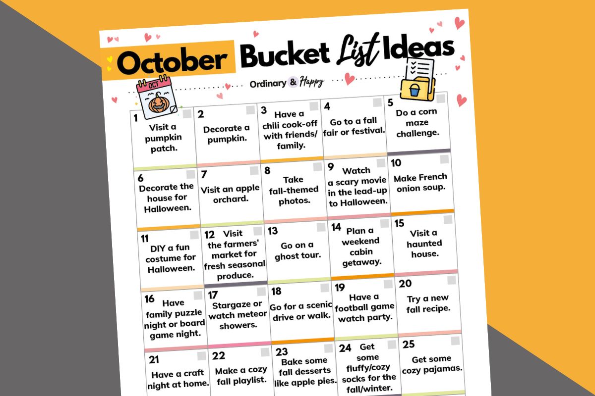 october bucket list displayed in a 5x6 grid on a white sheet of paper laid out on an orange and grey 2-color background