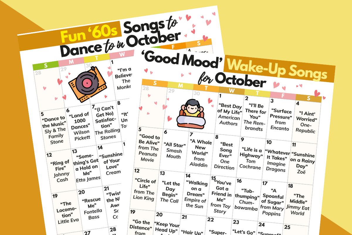 a calendar of 60s songs to dance to and a calendar of songs to wake up to for the month of october laid out on a pale yellow and orange diagonal background