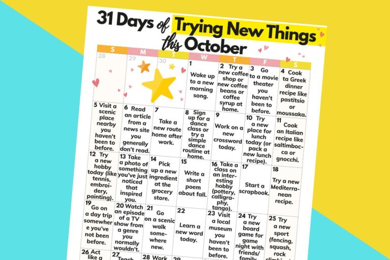 31-day october printable calendar of new things to try laid out on a 2-color light blue and yellow diagonal background