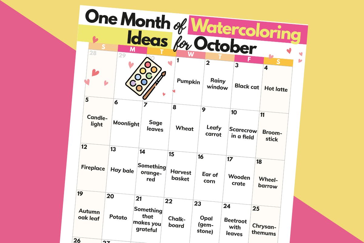 calendar of a month of watercoloring ideas for october laid out on an orange and pink 2-color background