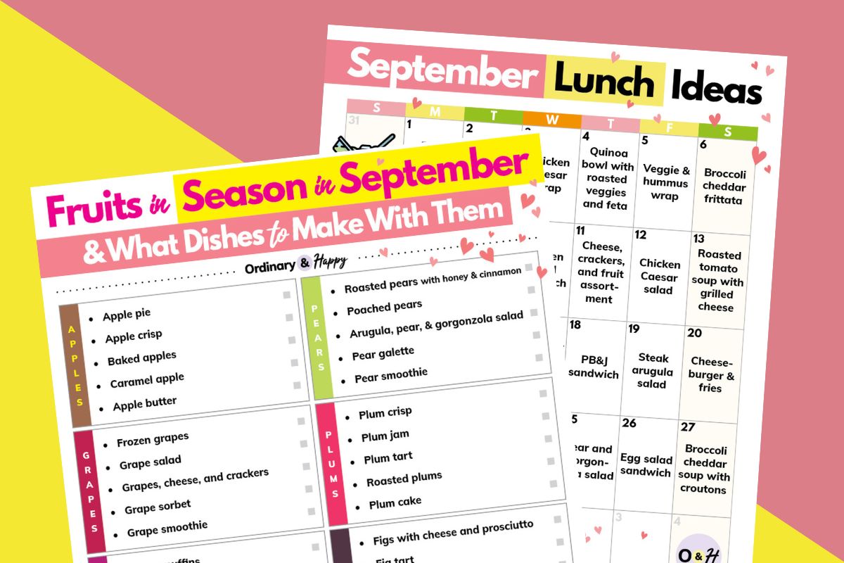 a list of september fruits in season in front of a list of september lunch ideas laid out on a 2-color yellow and pink diagonal background