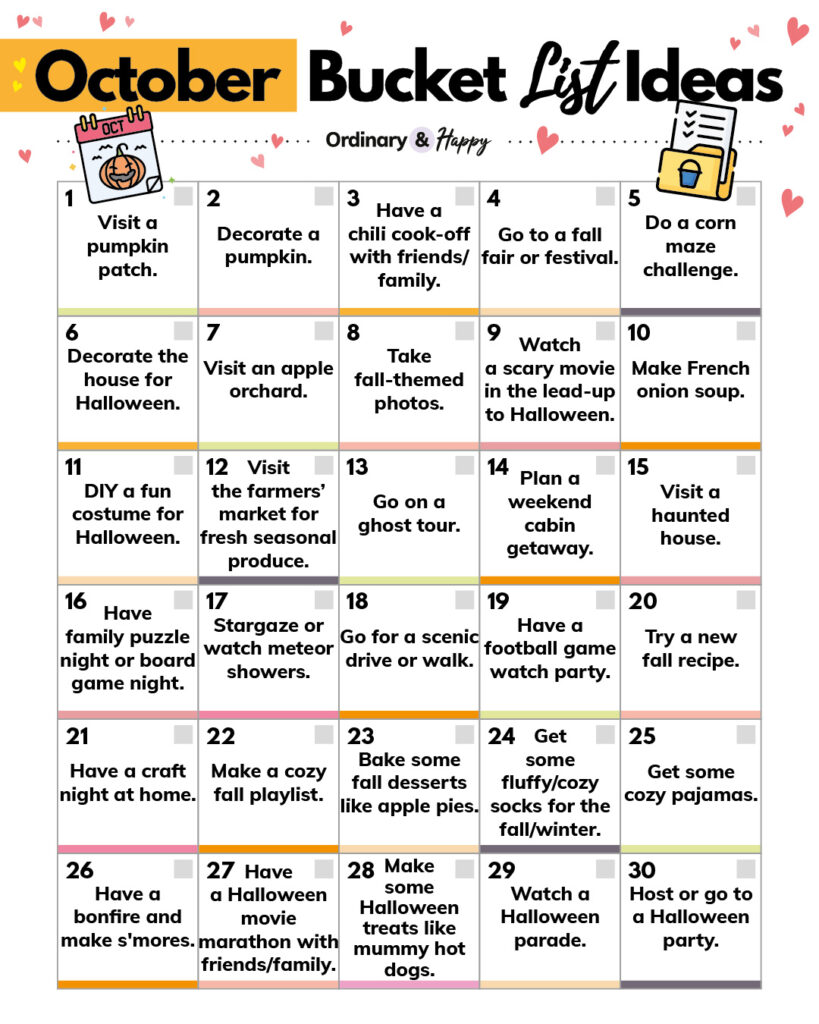 5x6 grid displaying 30 numbered bucket list items for the month of october with black text displayed on a white background