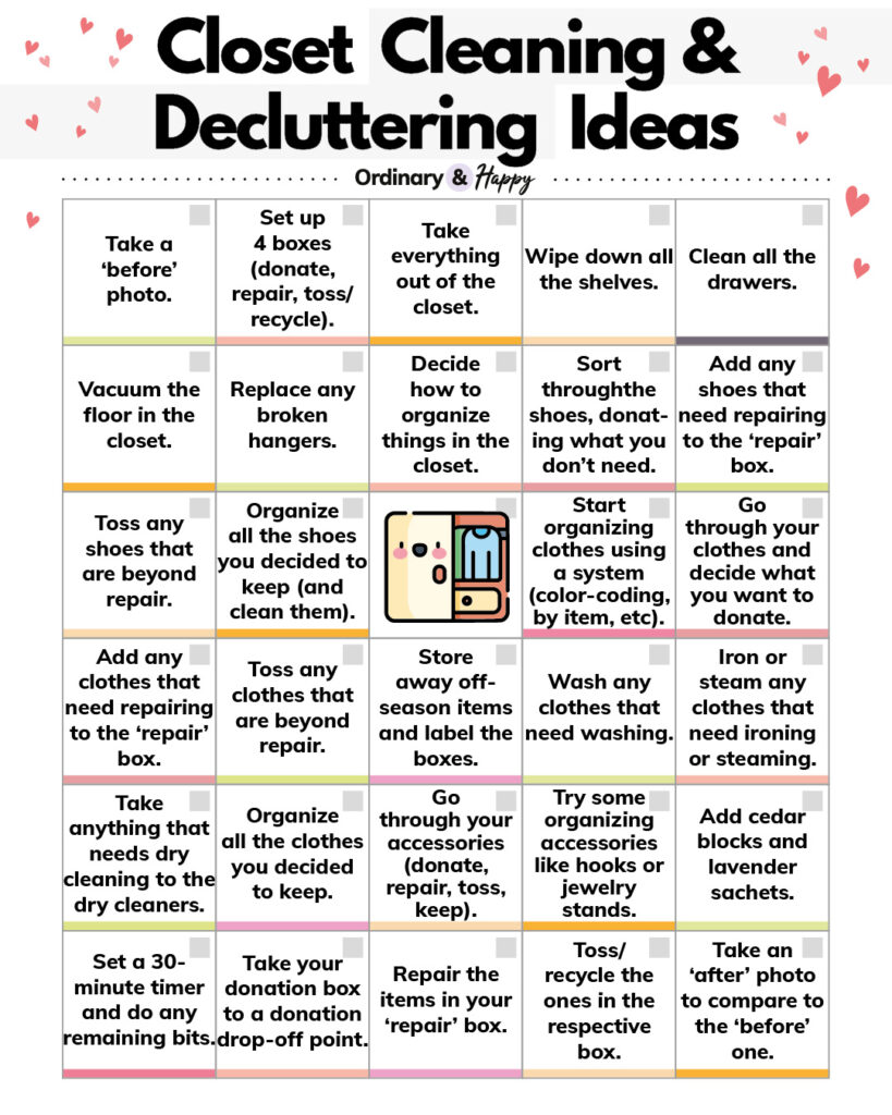 closet cleaning and decluttering checklist displaying 29 specific tasks displayed in a 5x6 grid with different colored strips and check boxes