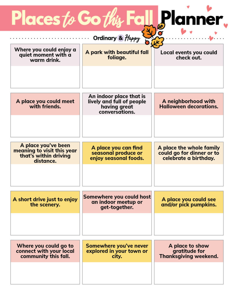 'places to go this fall' planner with 15 sections, arranged in a 3x5 formation, each one posing a different question about a place to go which you can answer in the space provided