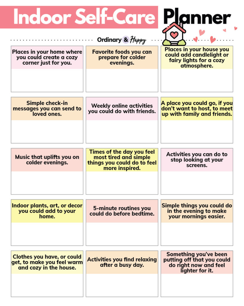indoor self-care planner worksheet with 3x5 grid of 15 color-coded questions to write the answers to
