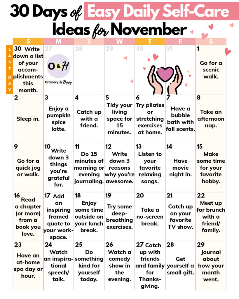 30-day self-care ideas calendar for the month of november with the individual ideas displayed in a 7x5 grid format