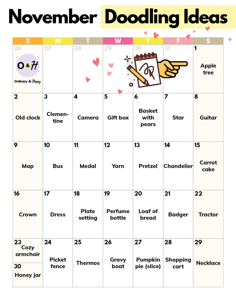 30-day doodling calendar for november with 30 simple ideas to draw every day of the month