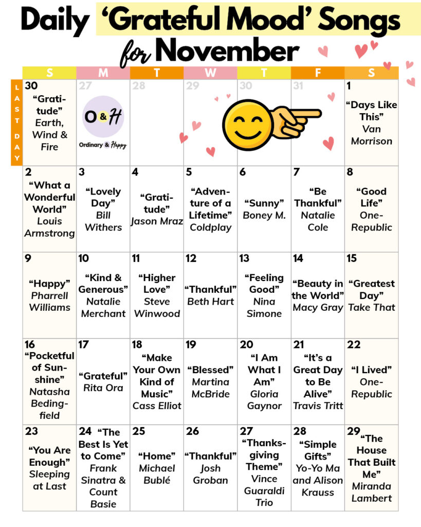 30-day calendar of 'grateful mood' songs for the month of november