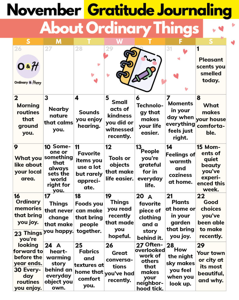 30-day calendar of gratitude journaling ideas based around ordinary, everyday things for the month of november
