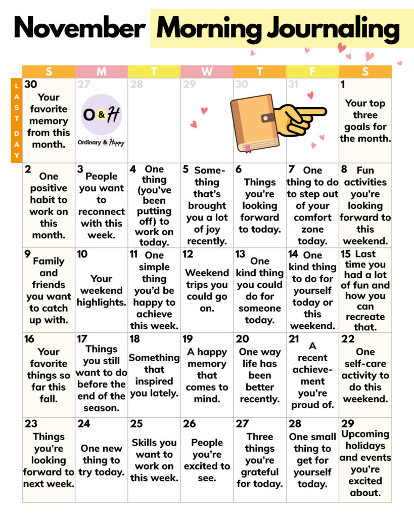 November morning journaling prompts (listed below)