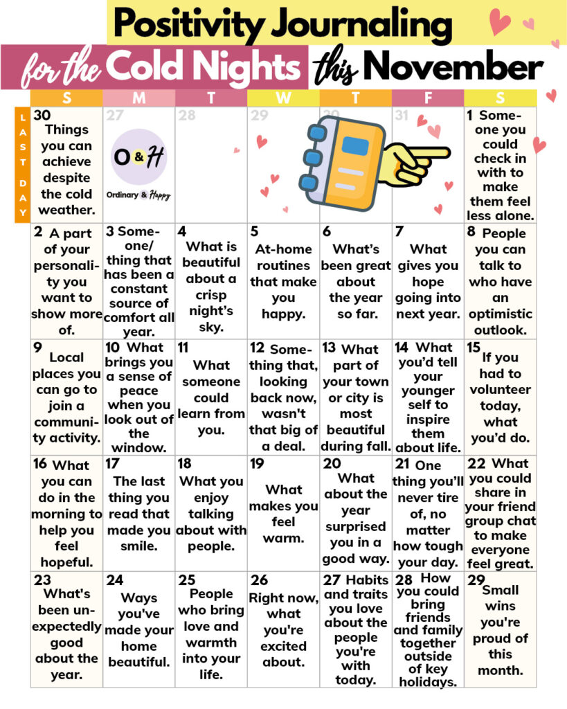 30 days of journaling to stay positive on the cold nights in november, displayed in a calendar format