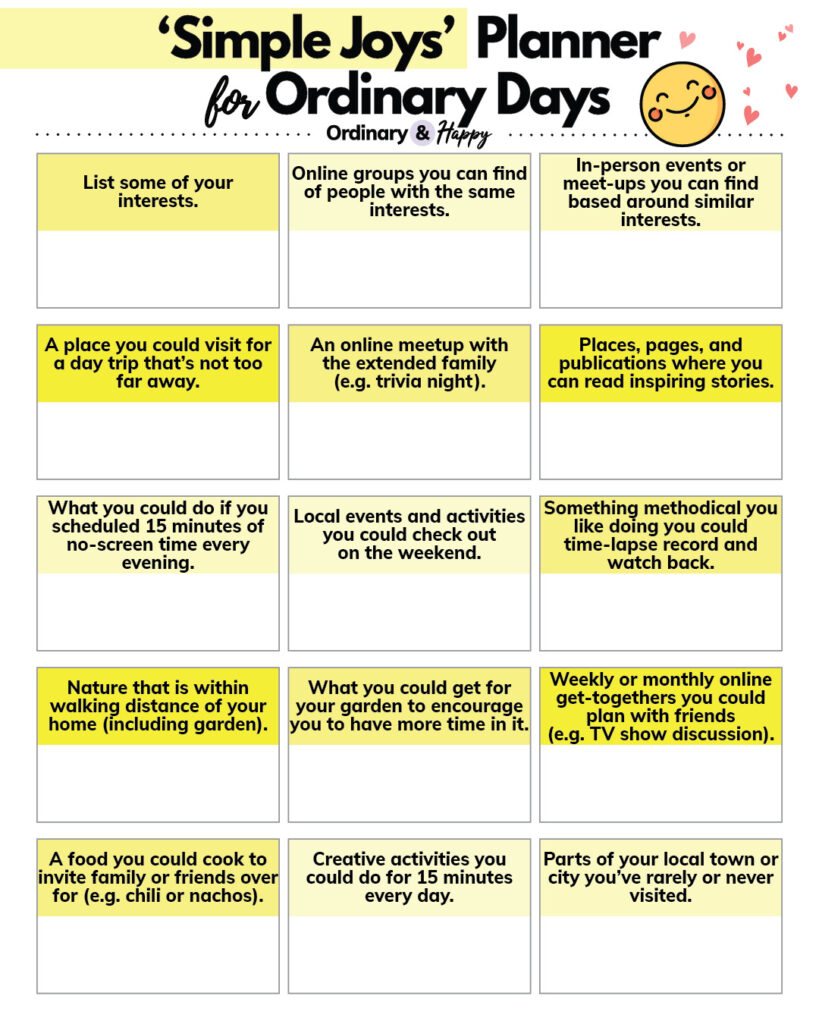 simple joys for ordinary days planner with 15 questions to answer in a 3x5 colored section layout