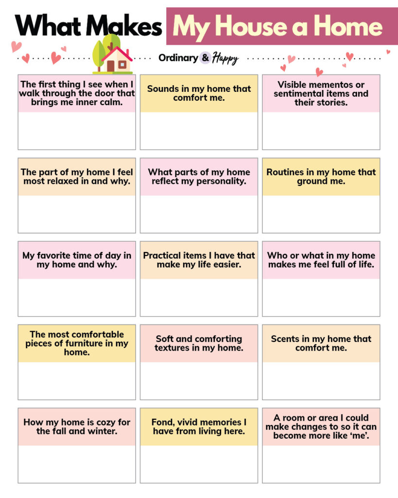 'what makes my house a home' worksheet with a 3x5 sections grid of 15 color-coded questions about your home to fill in on the worksheet