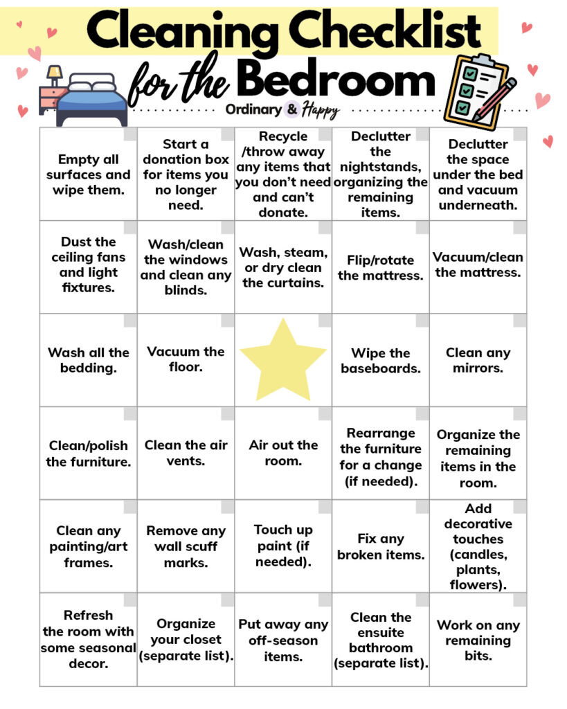 bedroom cleaning checklist displaying 29 simple cleaning tasks in a 5x6 grid with black text on a white background