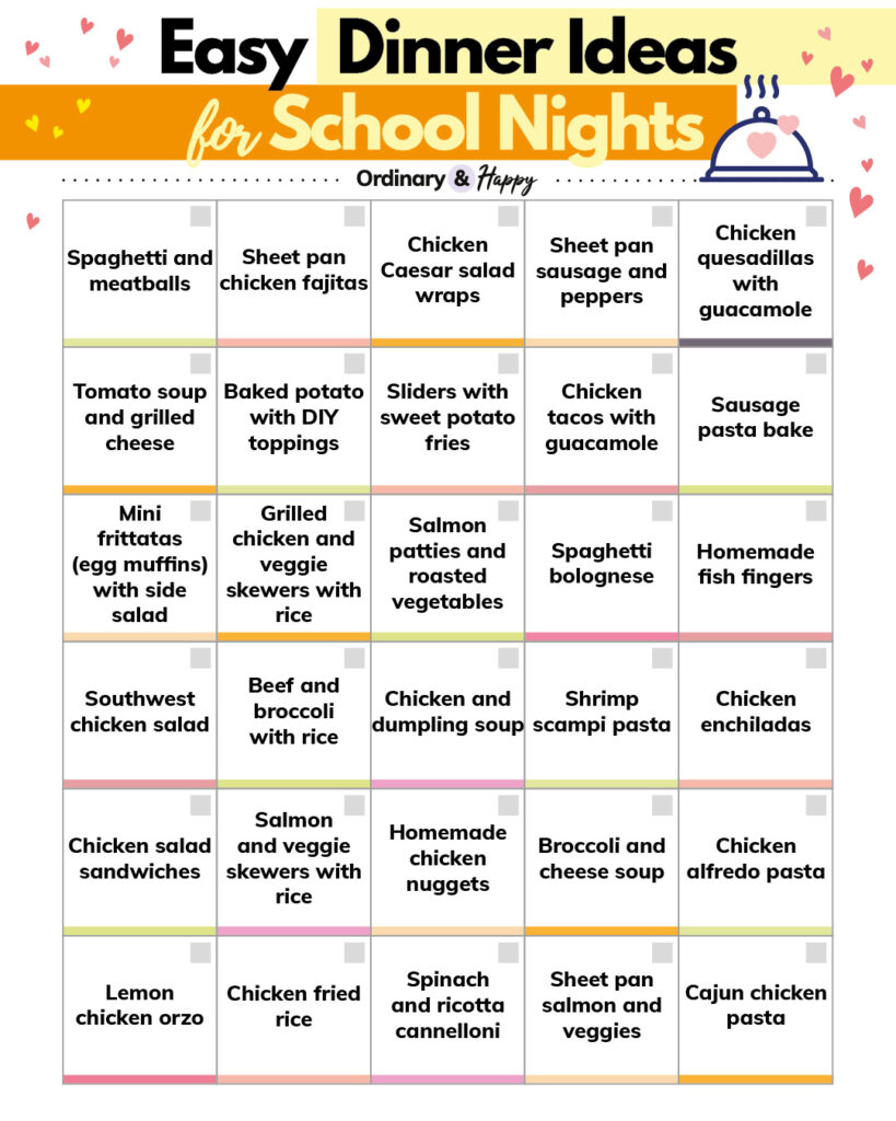 30 ideas for easy school-night dinner ideas displayed in a 5x6 grid format.