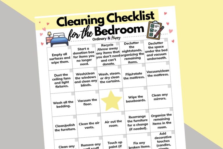 partially visible bedroom cleaning checklist displaying 30 cleaning tasks in a 5x6 grid format with black text on a white sheet laid out on a 2-color yellow and pink background