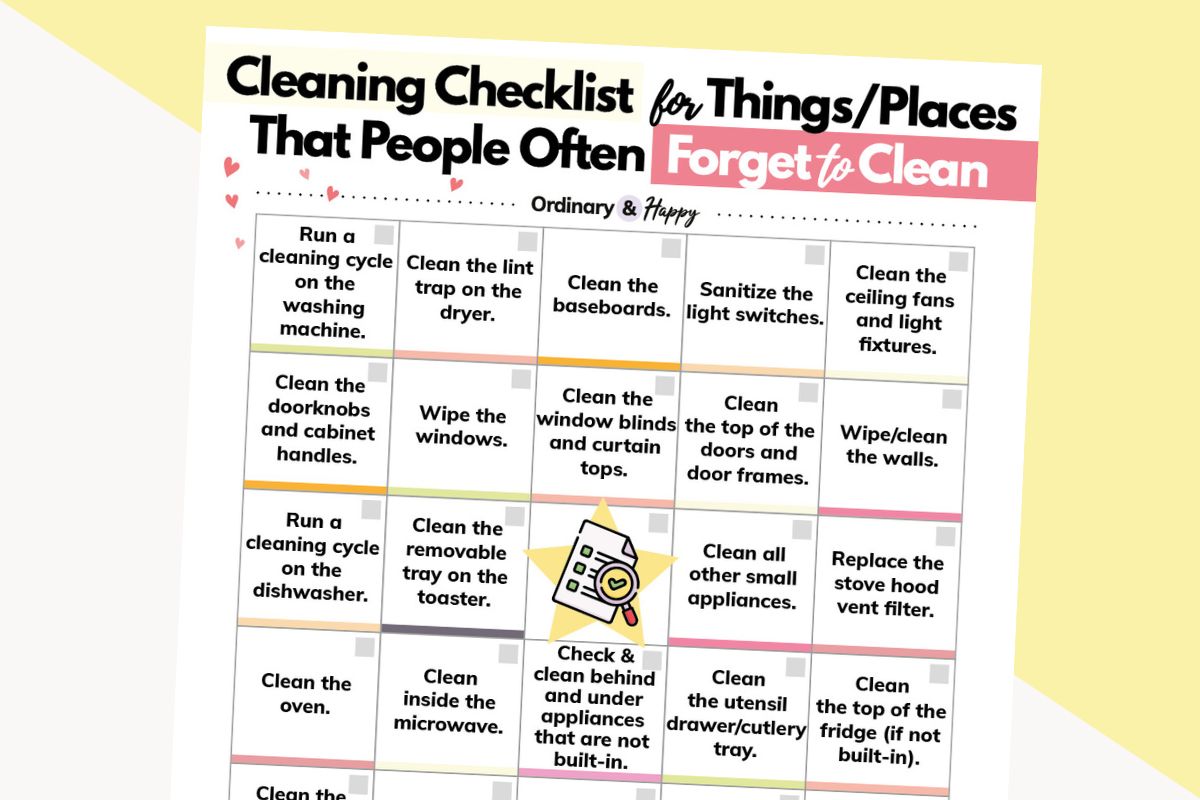 cleaning checklist of things and places people usually forget to clean displayed in a grid on a printable that's laid out on a light grey and light yellow background