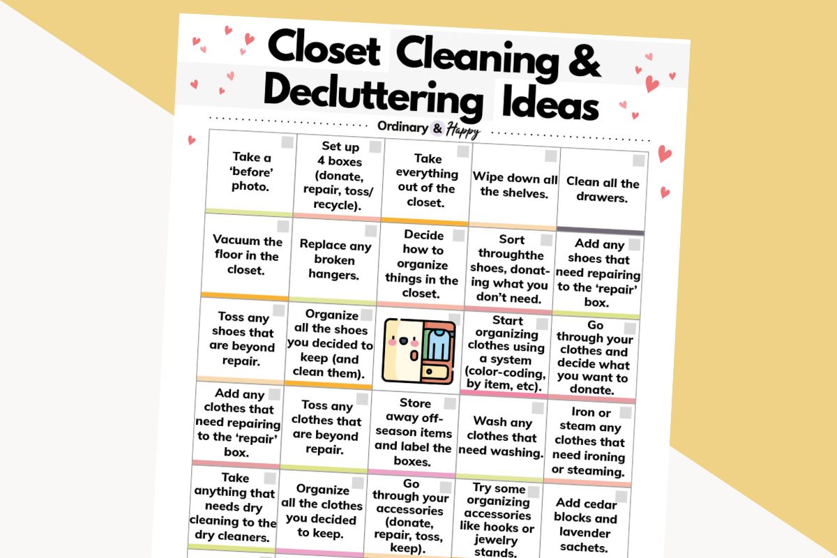 closet cleaning and decluttering checklist in a 5x6 grid printable displayed on a light orange and cool blue background