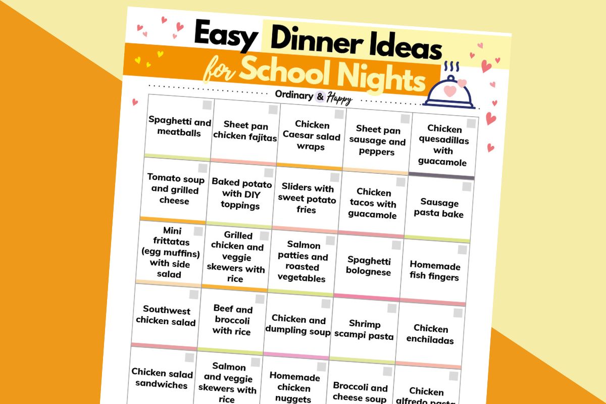 a calendar of 30 easy school-night dinner ideas with black text on a white printable laid out on a 2-color pale yellow and orange diagonal background
