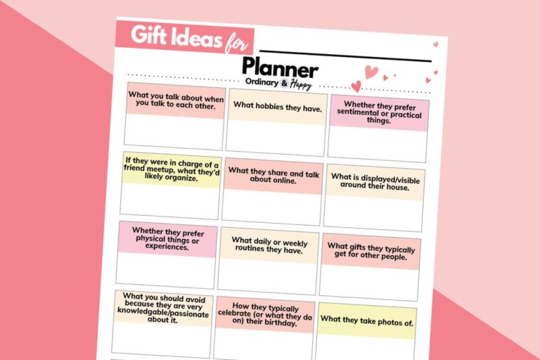 gift planner and inspiration worksheet laid out on an angle on a 2-color pink and dark pink background