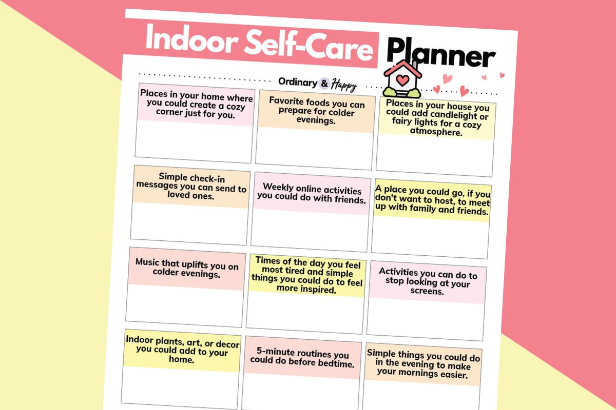 indoor self-care planner worksheet over a diagonal 2-color biege and dark pink background