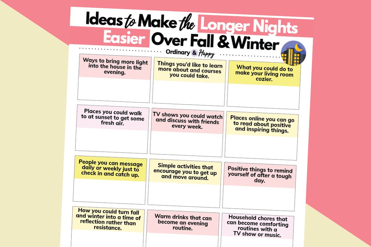 planner with 3x5 grid of ideas to make the longer nights easier in the fall and winter on a pale yellow and pink background