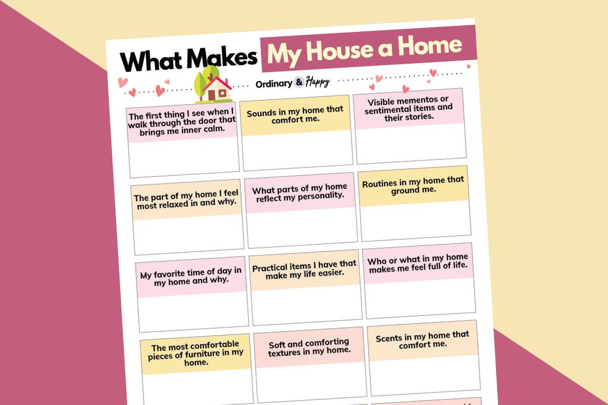 3x5 grid planner of suggestions for 'what makes my house a home' placed on a biege and pink background