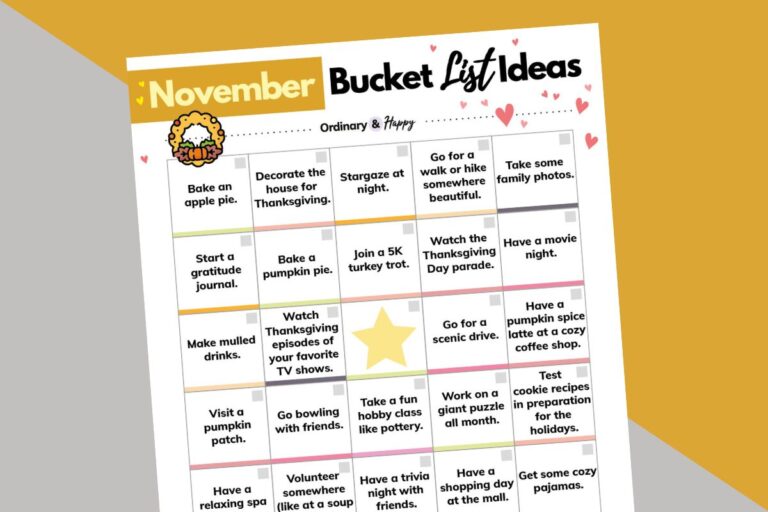 november bucket list bingo card with 30 ideas of things to do laid out at an angle on a pink and orange 2-color background