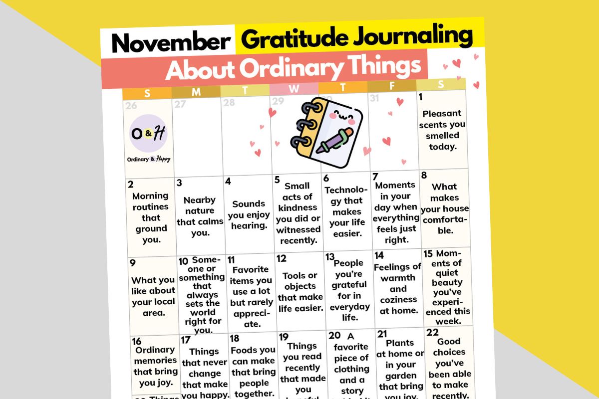 november gratitude journaling calendar with 30 ideas to write about for 30 days laid out on a light pink and green background