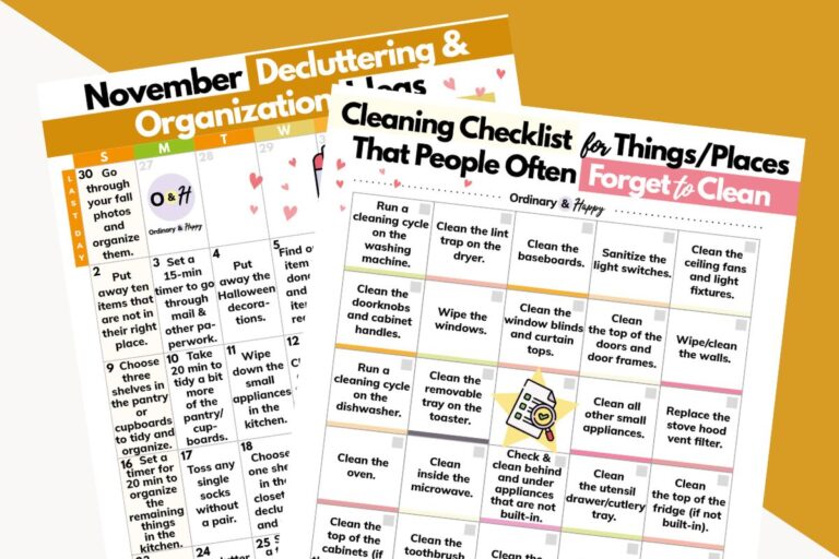 november decluttering calendar and a general cleaning checklist for forgetton areas of the home printables laid out on a gold and grey background