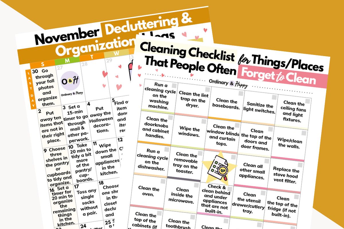 november decluttering calendar and a general cleaning checklist for forgetton areas of the home printables laid out on a gold and grey background