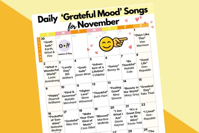 30-day calendar of grateful mood songs for november on a white printable displayed on a yellow and orange diagonal background