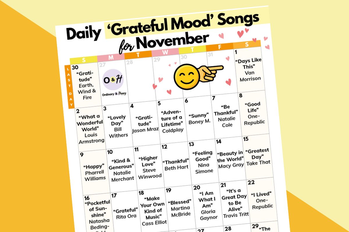 30-day calendar of grateful mood songs for november on a white printable displayed on a yellow and orange diagonal background