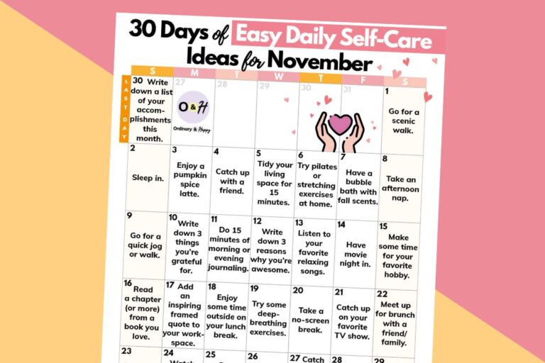 november calendar of 30 easy daily self-care ideas printable displayed on a diagonal pink and orange background