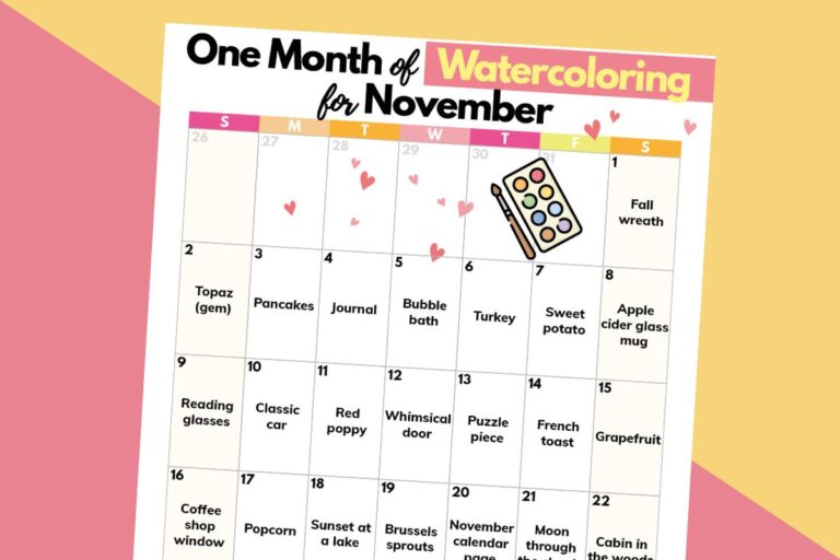 watercoloring calendar with 30 ideas for the full month of november laid out on a 2-color green and red background.